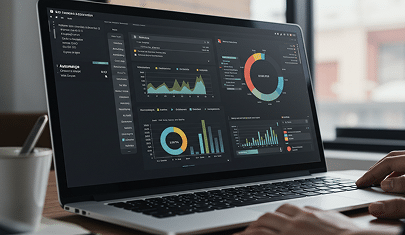 Pantalla de laptop mostrando gráficos de seguridad y auditoría.